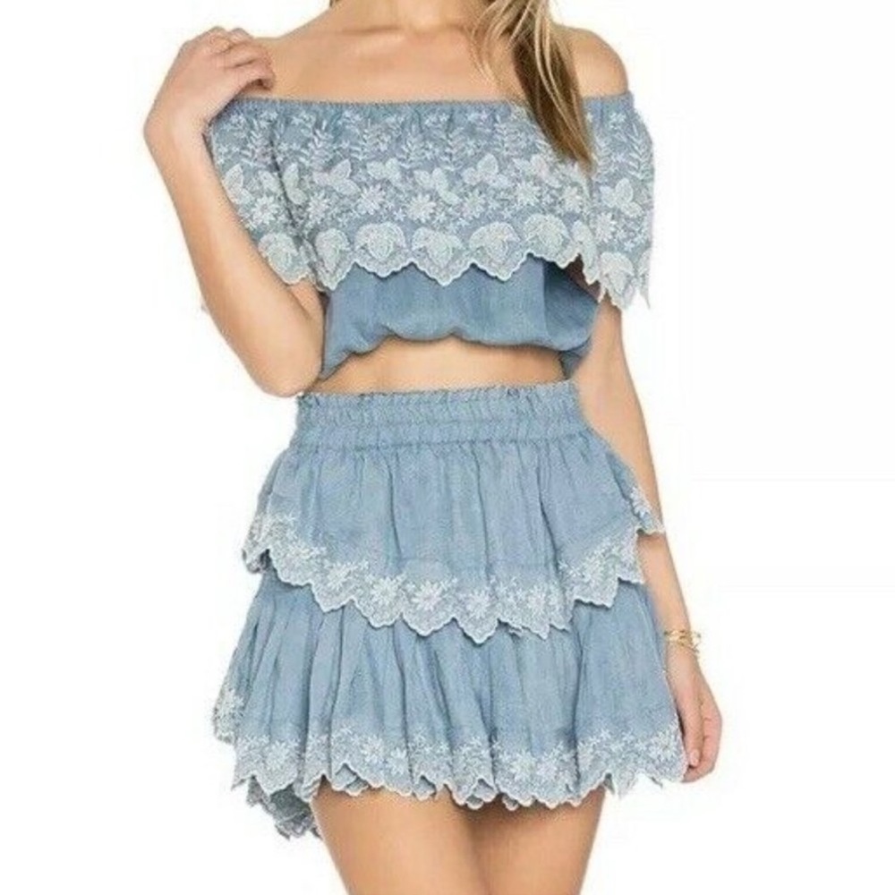 NWT LoveShackFancy light indigo ruffle mini skirt size XS